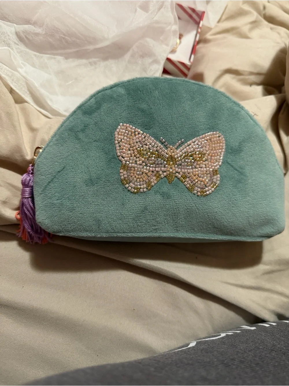 Beaded Butterfly Velvet Cosmetic Pouch - Teal